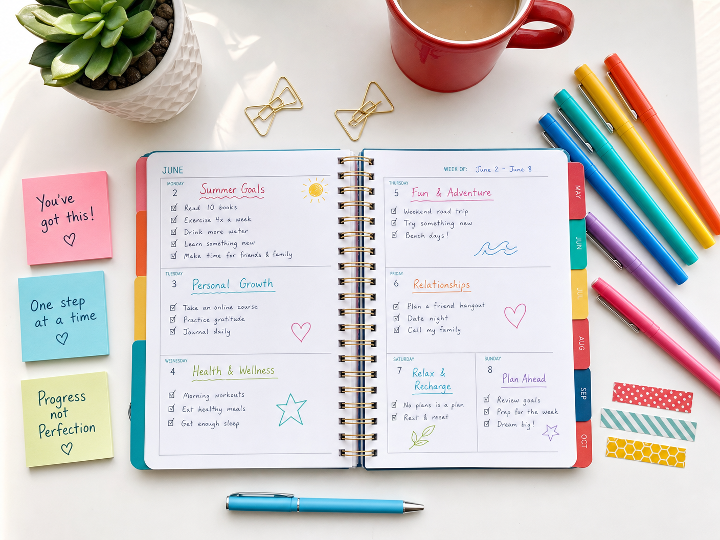 Open summer planner surrounded by colorful pens, sticky notes, and a coffee mug on a bright white desk