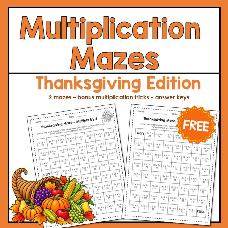 Free Thanksgiving multiplication mazes printable with two maze worksheets