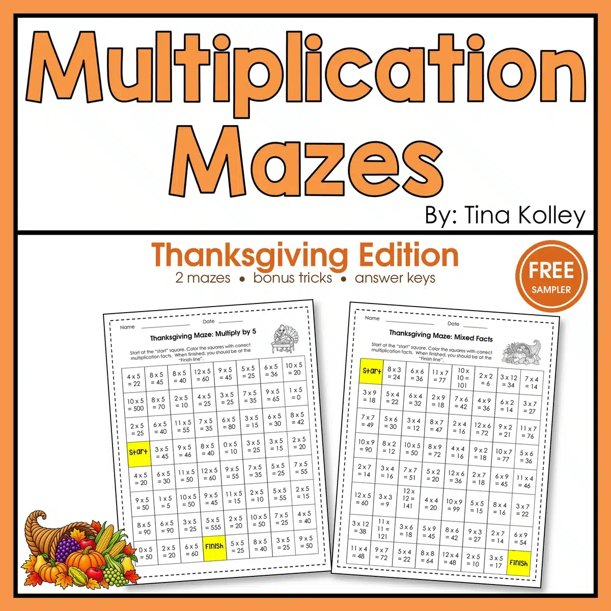 Cover of the free Thanksgiving Multiplication Mazes with a Multiply by 5 maze and a Mixed Facts maze