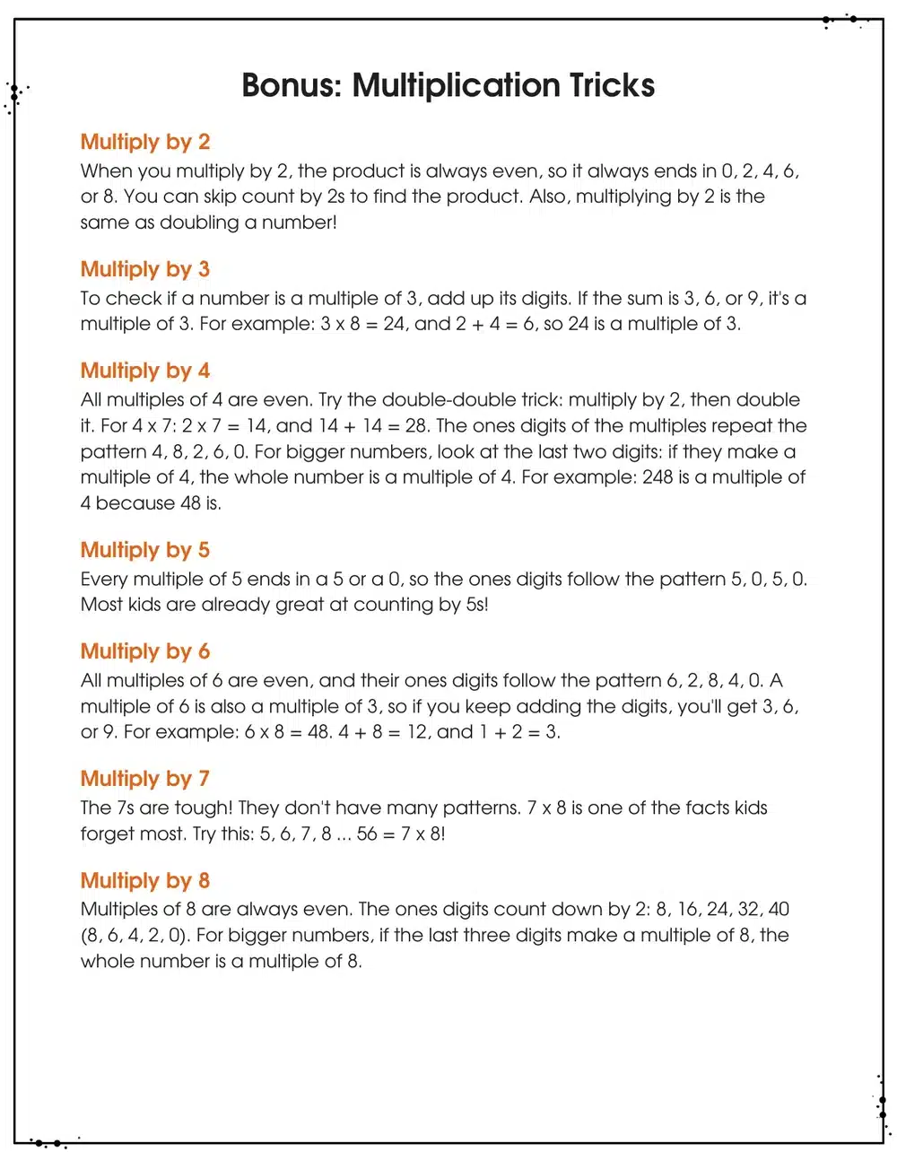 Bonus page of multiplication tricks for the 2s through 8s
