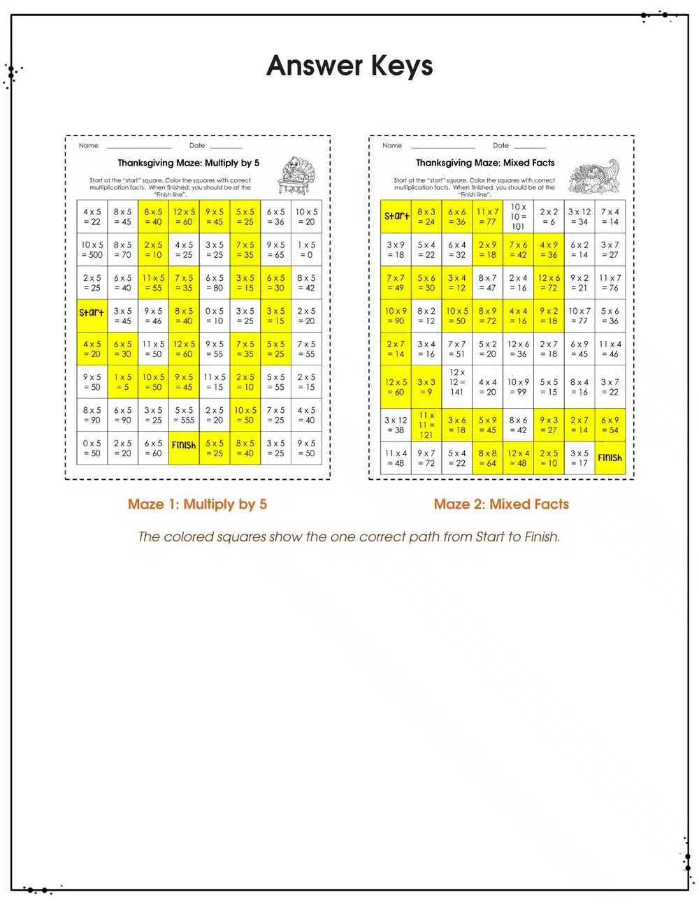 Answer keys showing the one correct path through each Thanksgiving multiplication maze