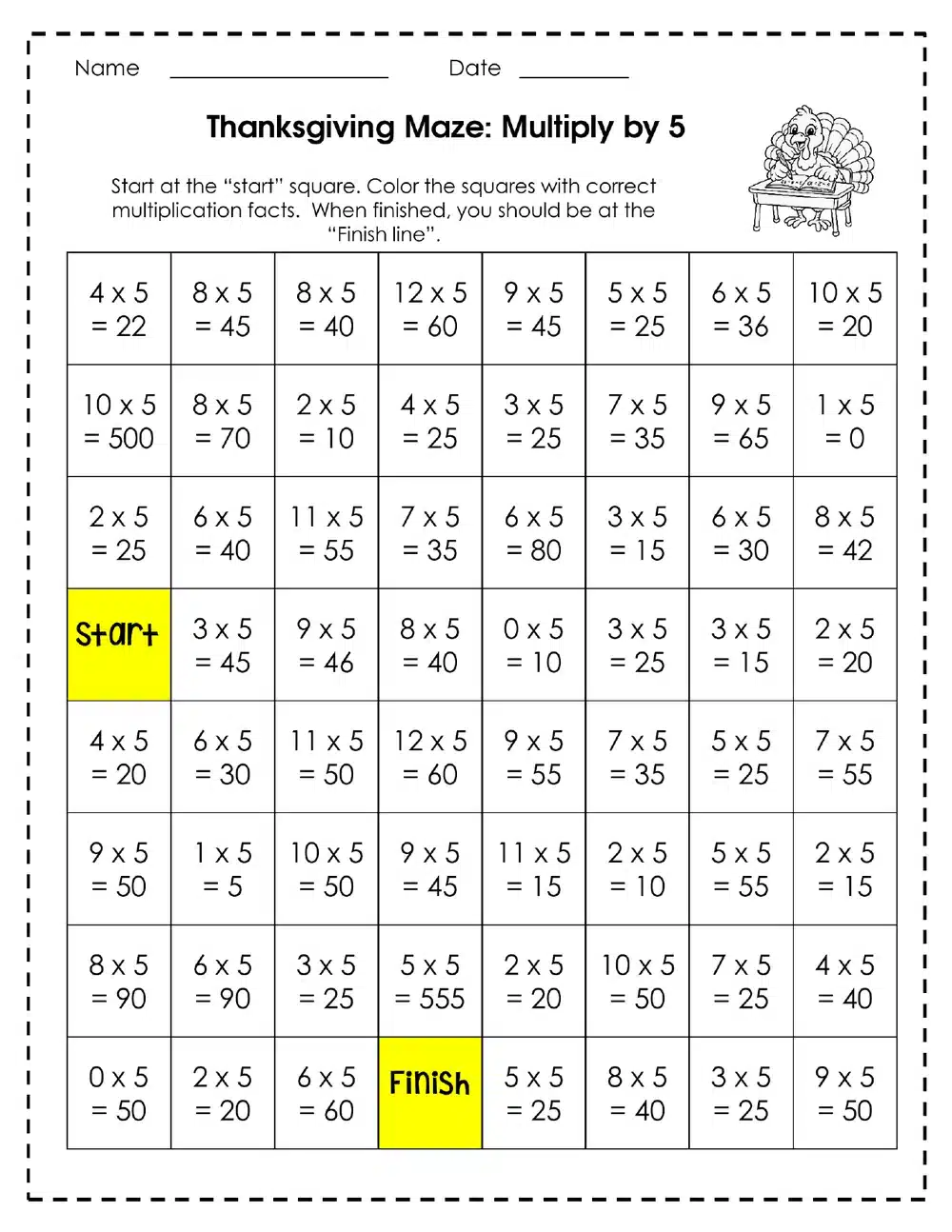 Thanksgiving multiplication maze worksheet for multiplying by 5 with Start and Finish squares